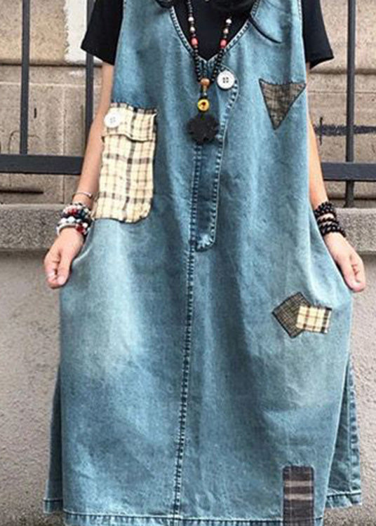 Élégant Blue V Neck Patchwork Denim Maxi Slip Robe sans manches