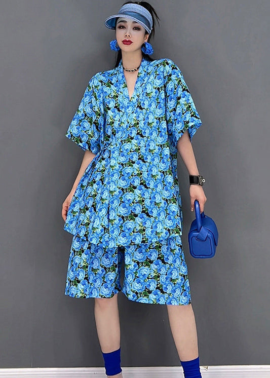 Elegant Blue V Neck Print Cotton Cinch Top et Shorts Deux pièces Set Set Colon