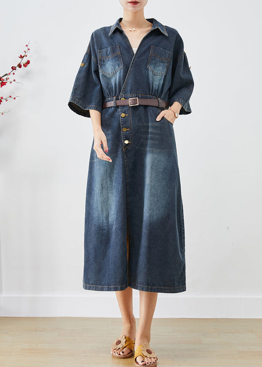 Élégant Bleu V côté cou côté ouvert Denim Long Robe Fall