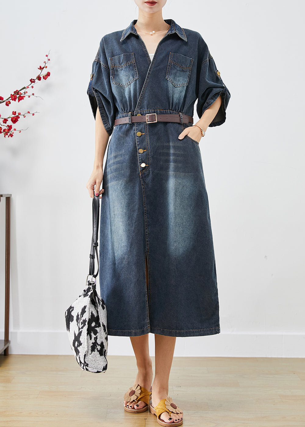 Élégant Bleu V côté cou côté ouvert Denim Long Robe Fall