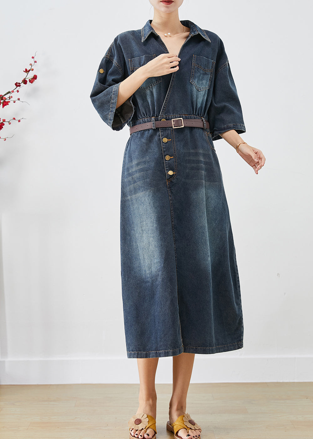 Élégant Bleu V côté cou côté ouvert Denim Long Robe Fall