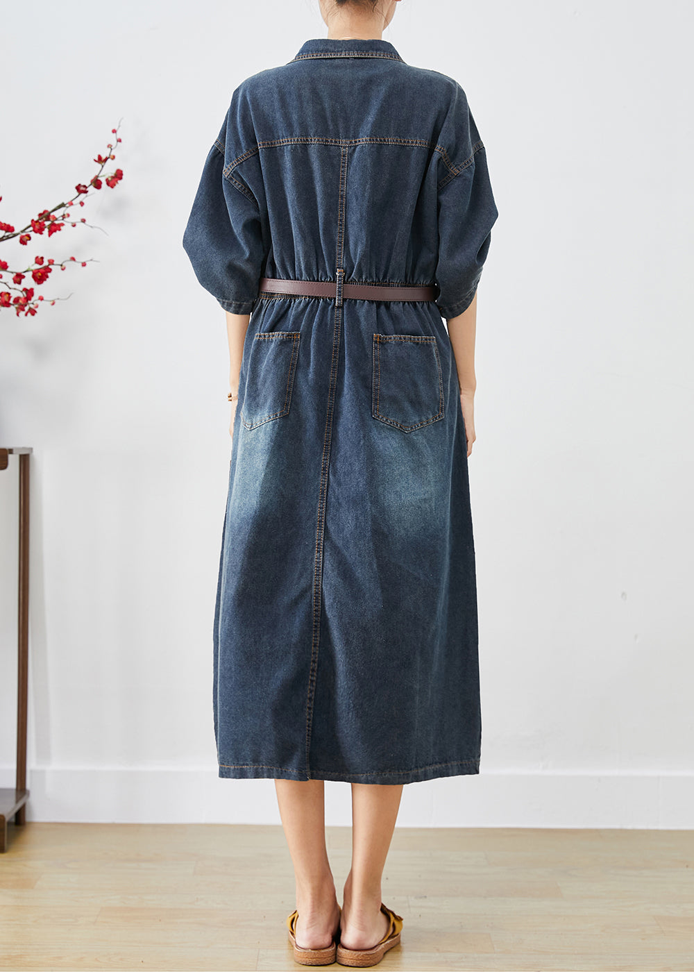 Élégant Bleu V côté cou côté ouvert Denim Long Robe Fall