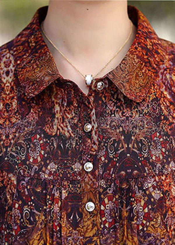 Élégant brun Peter Pan Collar Print Button Shirt Shirt Top Bracelet Sleeve