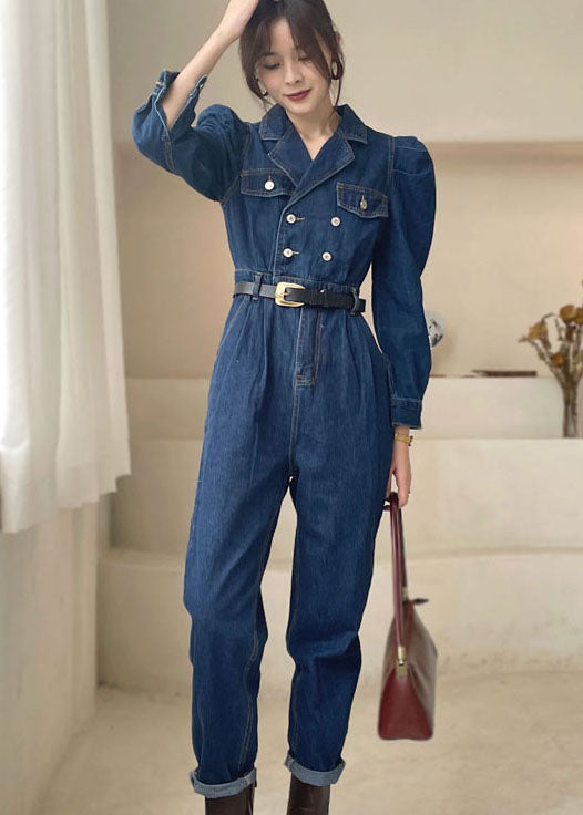 Elegant Dark Blue Puff Sleeve denim Jumpsuit Spring