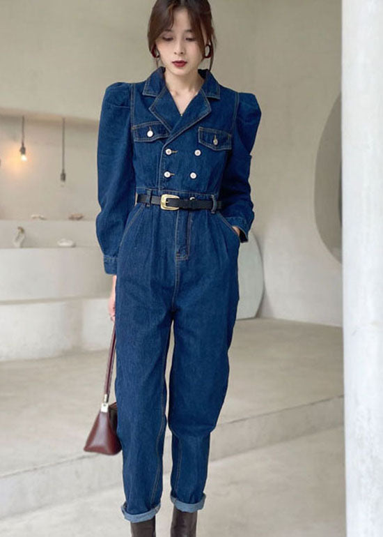 Elegant Dark Blue Puff Sleeve denim Jumpsuit Spring