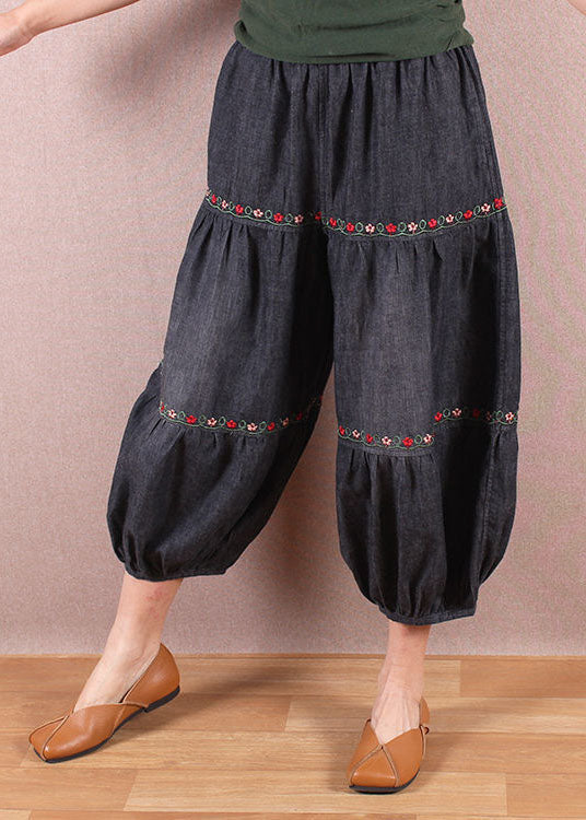 Élégant denim bleu taille élastique oriental brodé patchwork coton lanterne pantalon été