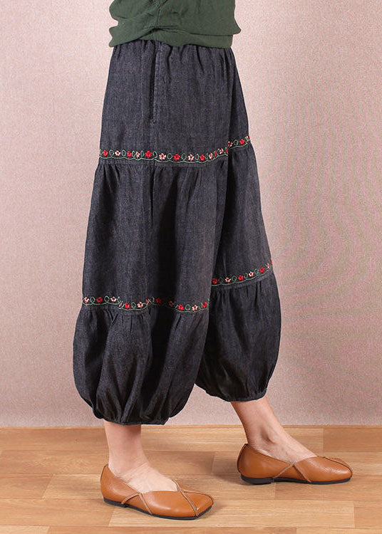 Élégant denim bleu taille élastique oriental brodé patchwork coton lanterne pantalon été