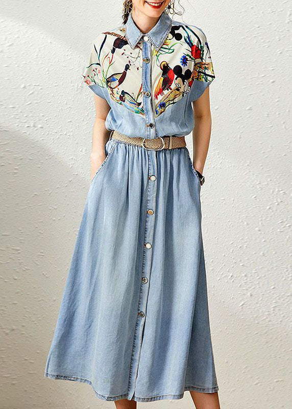 Elegant Denim Blue Peter Pan Collar Patchwork Print Cinched Dresses Summer