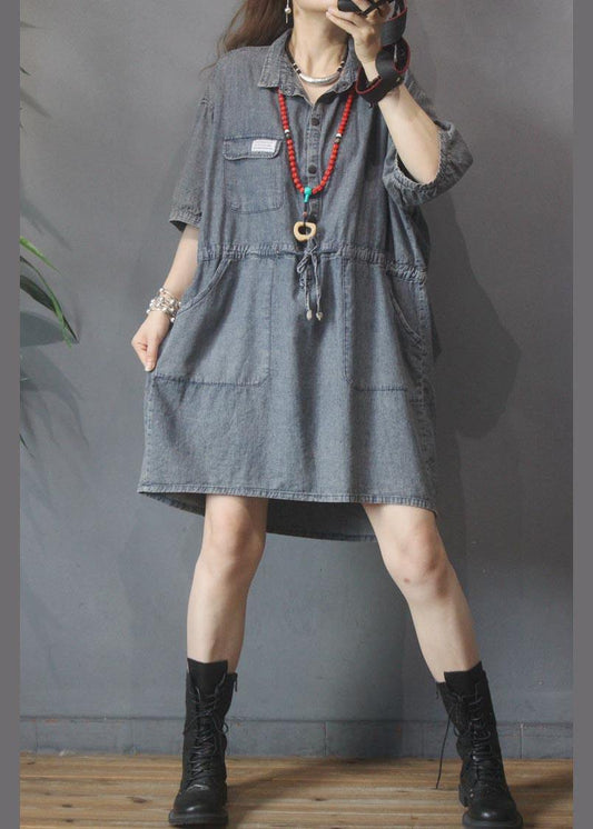 Elegant Denim tie waist Turn-down Collar Maxi Summer Cotton Dress - SooLinen