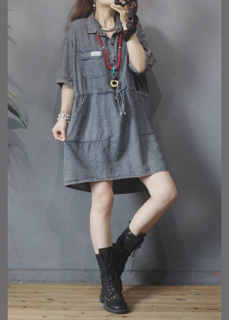 Elegant Denim tie waist Turn-down Collar Maxi Summer Cotton Dress - SooLinen