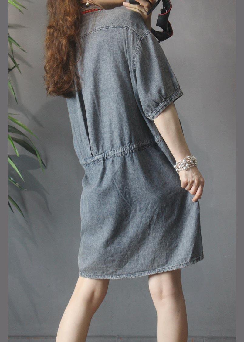 Elegant Denim tie waist Turn-down Collar Maxi Summer Cotton Dress - SooLinen