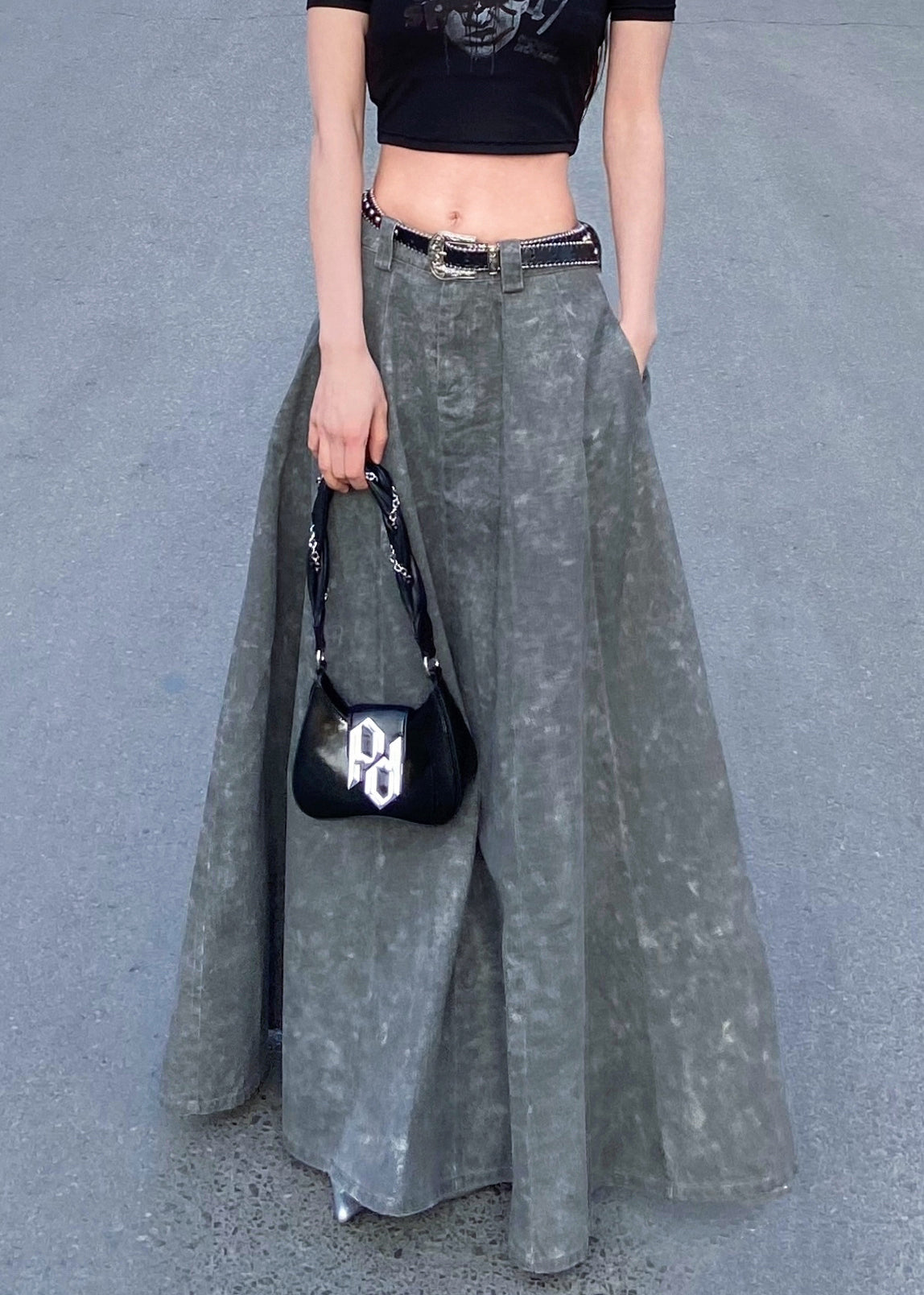 Elegant Grey Pockets High Waist Patchwork Denim Maxi Jirts Summer