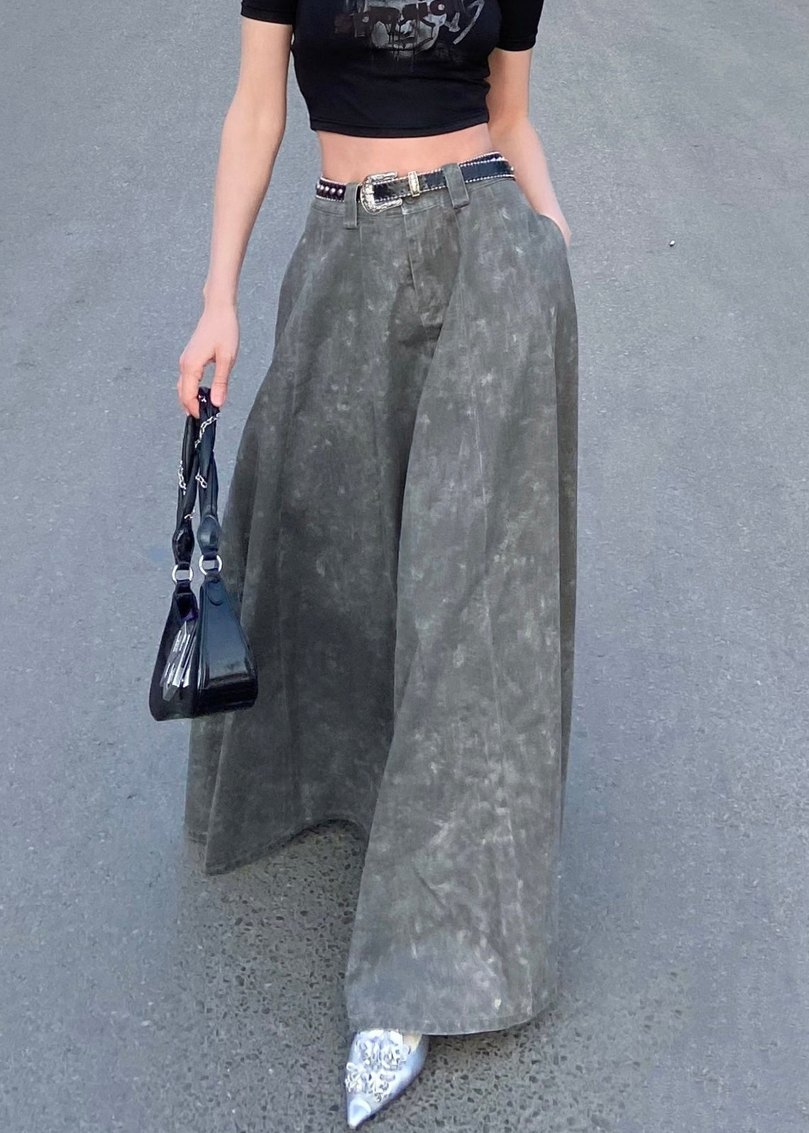 Elegant Grey Pockets High Waist Patchwork Denim Maxi Jirts Summer