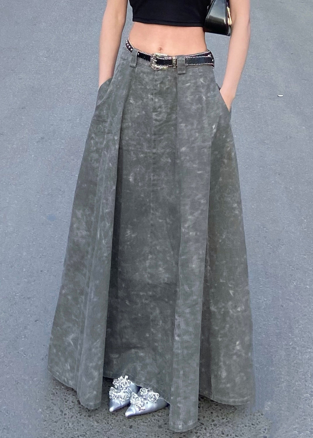 Elegant Grey Pockets High Waist Patchwork Denim Maxi Jirts Summer