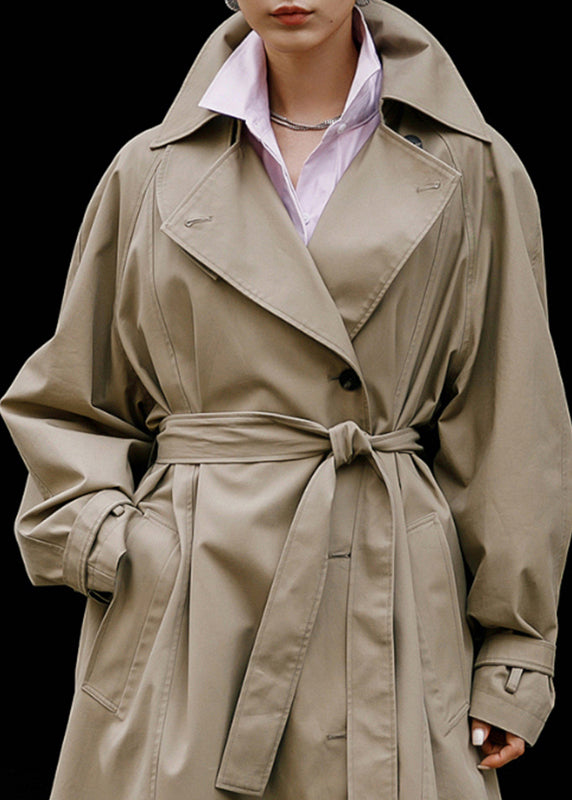 Élégant kaki Peter Pan Collier Tie Button Button Pockets Coton Trench Coats Longue manche