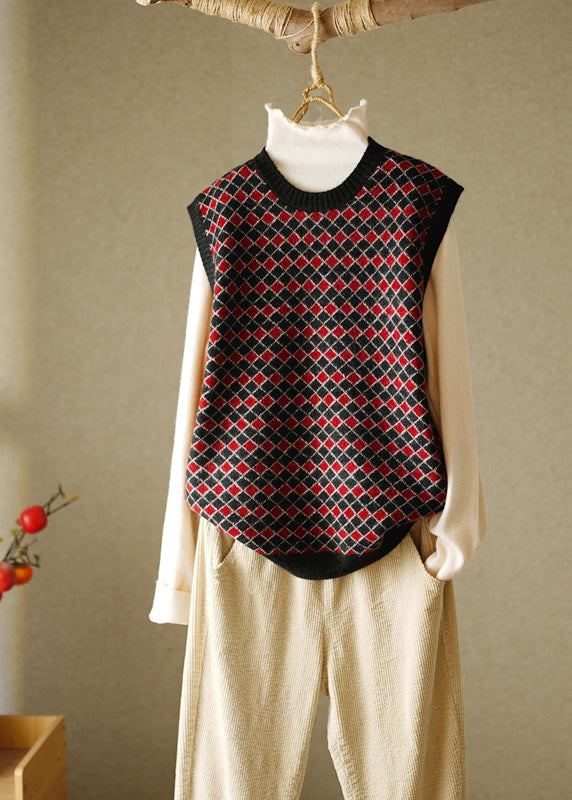 Elegant Navy O-Neck Plaid Knitted Cotton Thread Waistcoat Fall