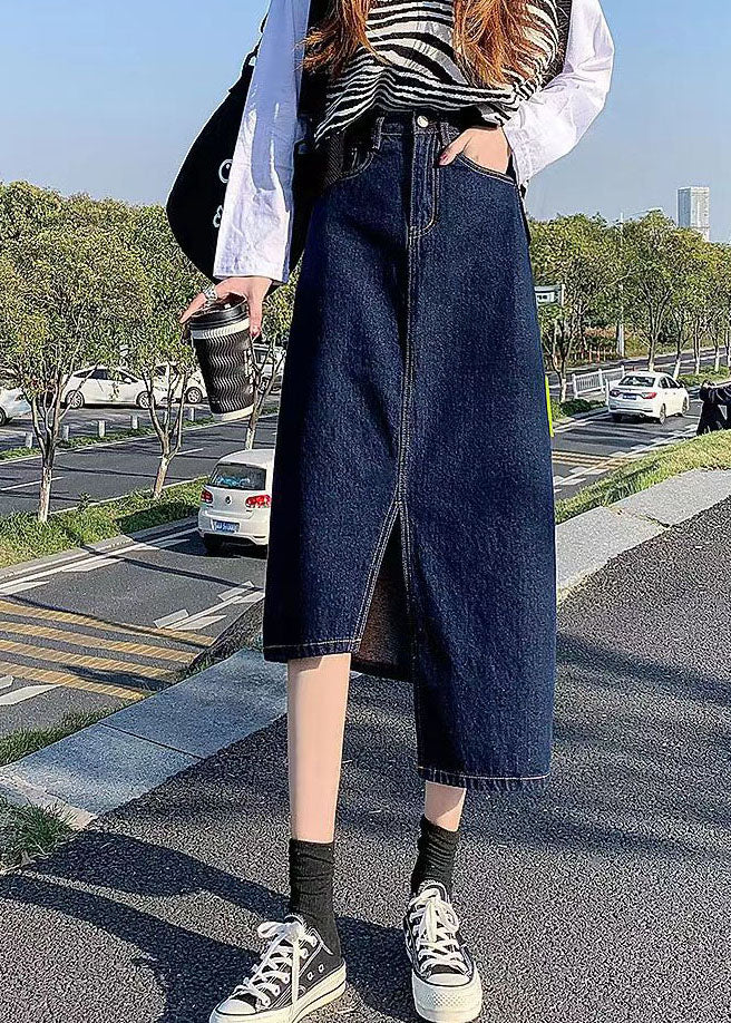 Côté élégant de la marine ouverte ouverte de poche asymétrique en coton denim jupes enveloppées d'été