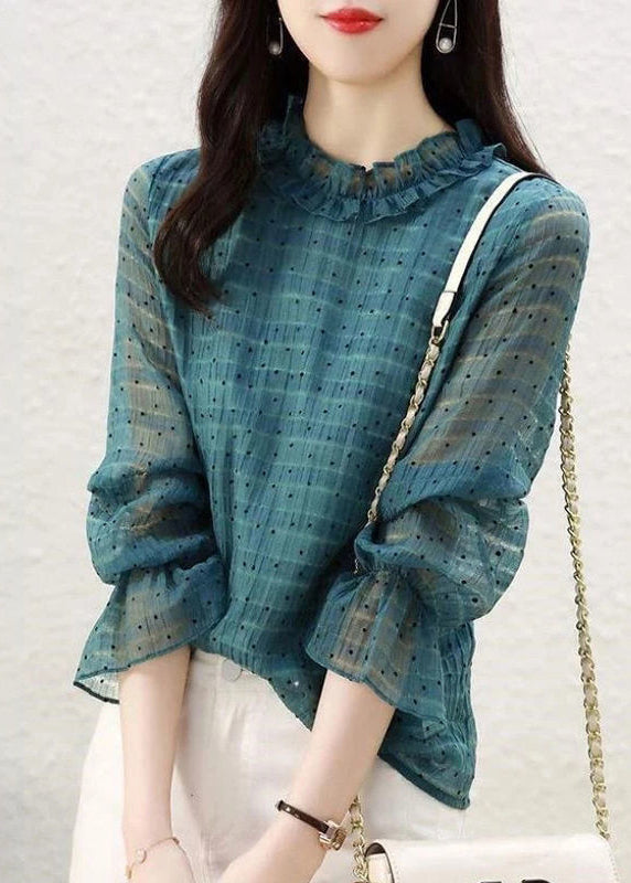 Elegant Peacock Green Stand Collar Ruffled Dot Print Murffon Tops Flare Sleeve