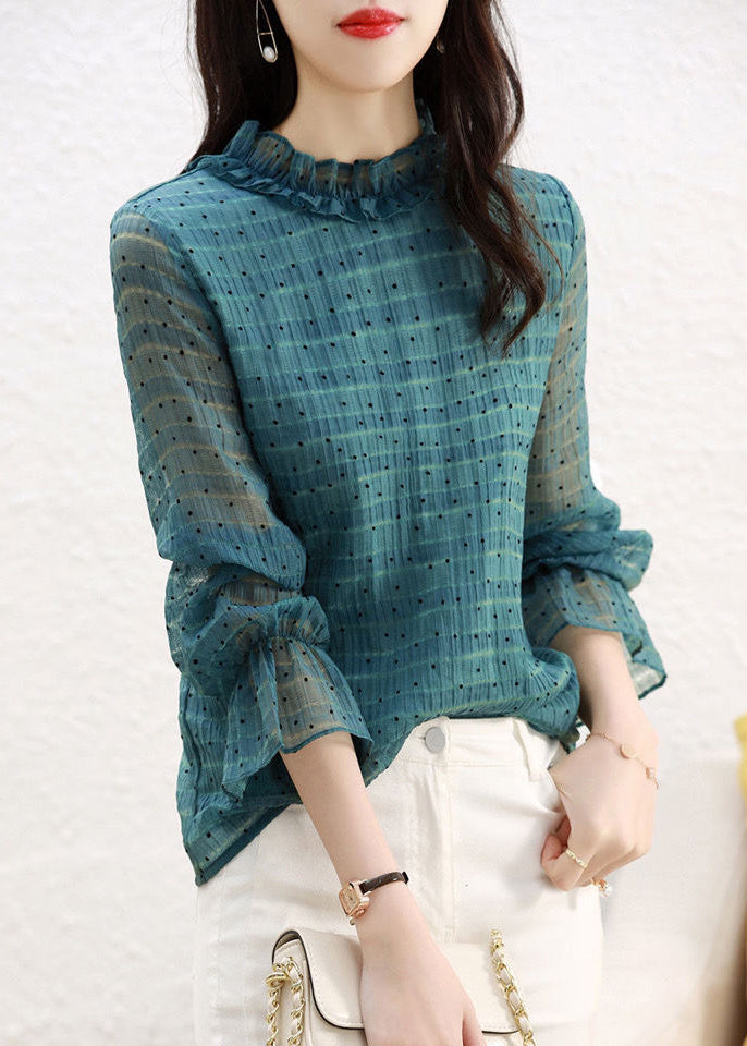 Elegant Peacock Green Stand Collar Ruffled Dot Print Murffon Tops Flare Sleeve