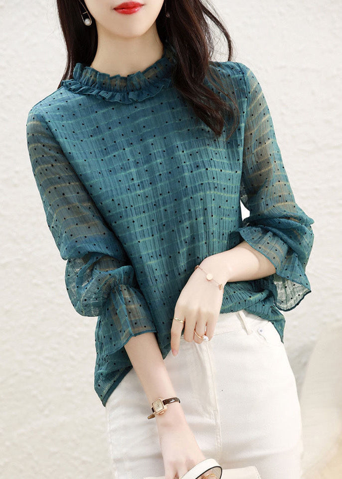 Elegant Peacock Green Stand Collar Ruffled Dot Print Murffon Tops Flare Sleeve