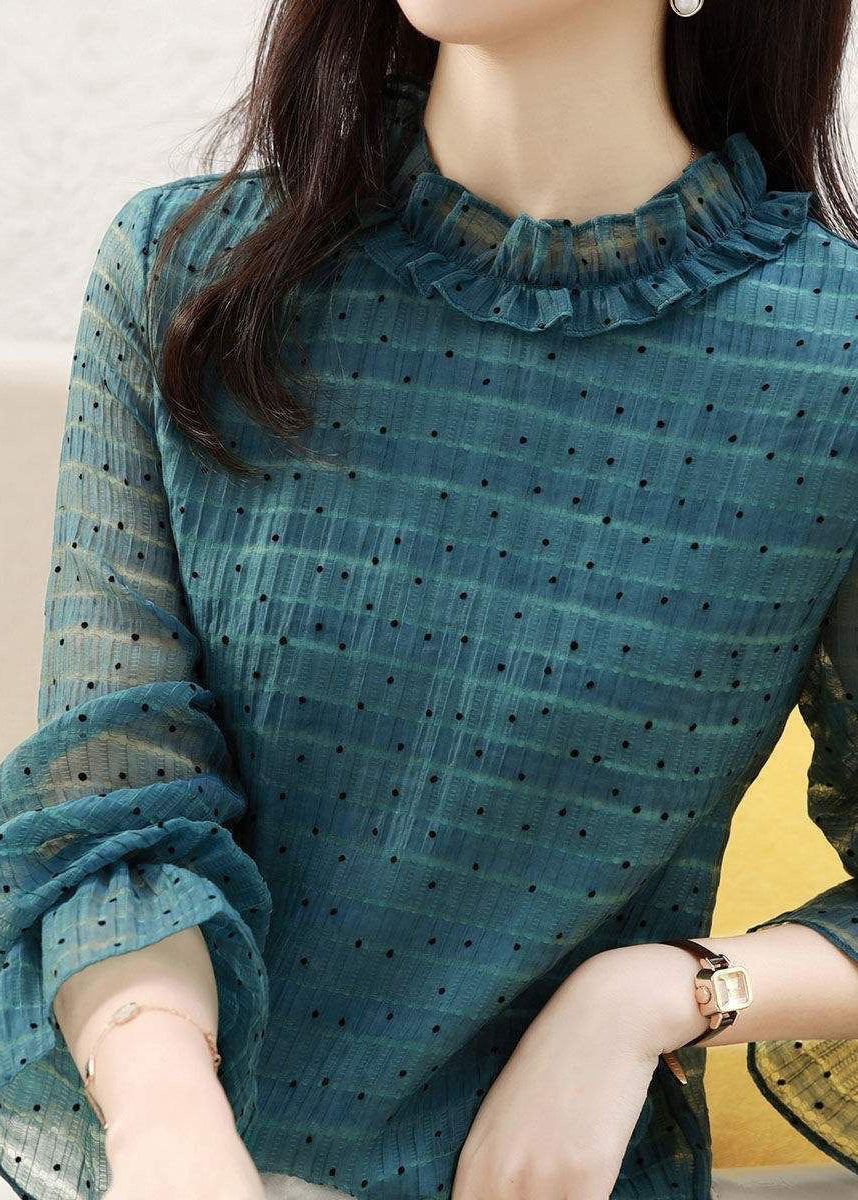 Elegant Peacock Green Stand Collar Ruffled Dot Print Murffon Tops Flare Sleeve