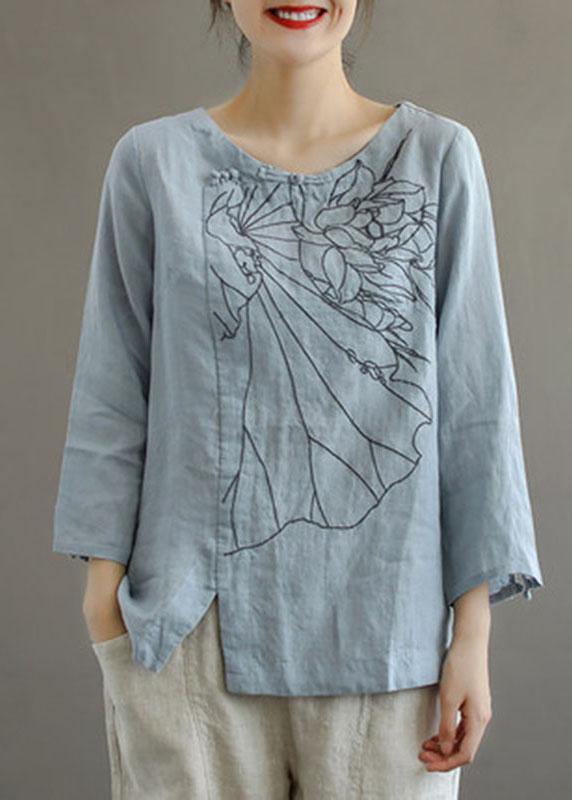 Elegant Pink O-Neck Button Embroideried Fall Linen Long Sleeve Top - SooLinen