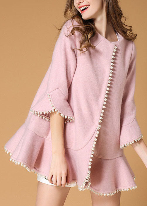 Elegant Pink Pockets Nail bead fashion Fall Woolen Coat