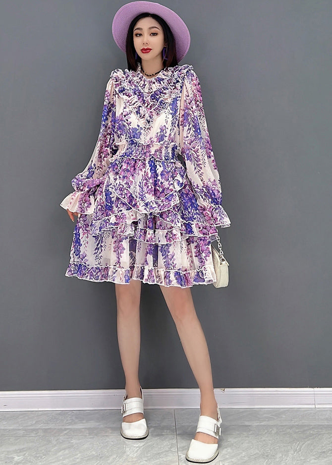 Elegant Purple Stand CollarAsymmetrical Ruffled Chiffon Mid Dress Long Sleeve