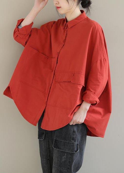 Elegant Red Blouse Lapel Asymmetric Short Shirt Top - SooLinen