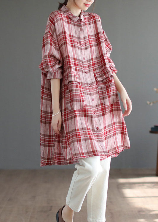 Elegant Red Plaid Peter Pan Collar lin Blousses Spring