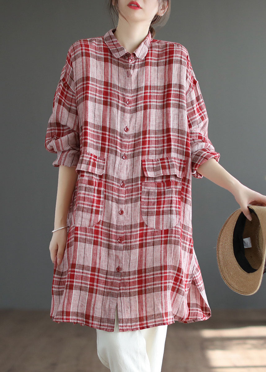 Elegant Red Plaid Peter Pan Collar lin Blousses Spring