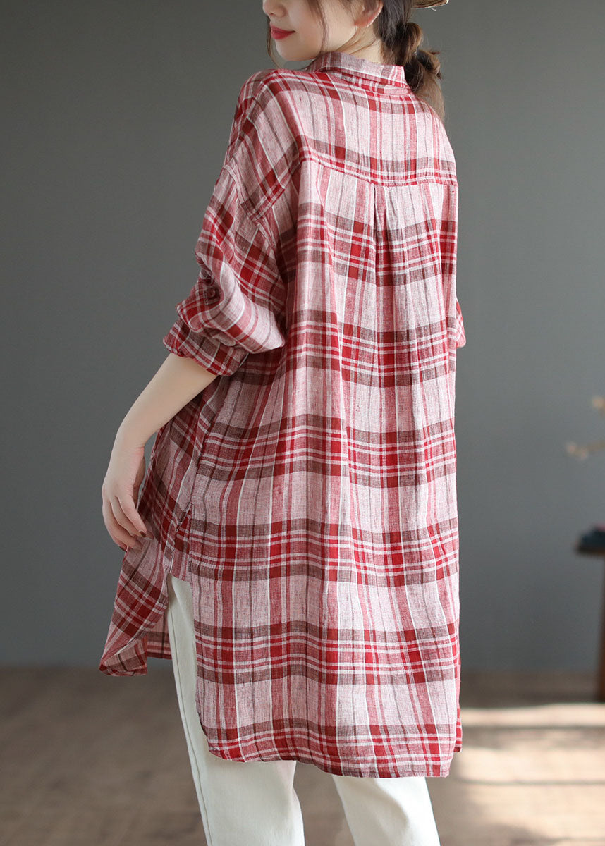 Elegant Red Plaid Peter Pan Collar lin Blousses Spring