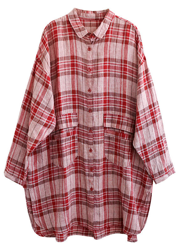 Elegant Red Plaid Peter Pan Collar lin Blousses Spring