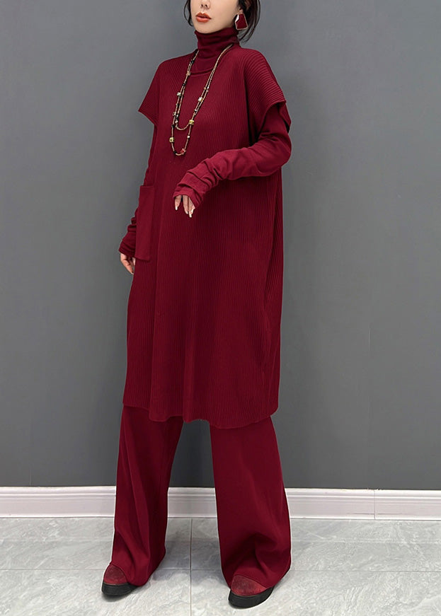 Elegant Red Turtleneck Knit Waistcoat And Pants Two Piece Set Winter