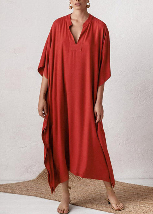 Élégant Red V Neck Side Open Solid Party Long Robe Summer