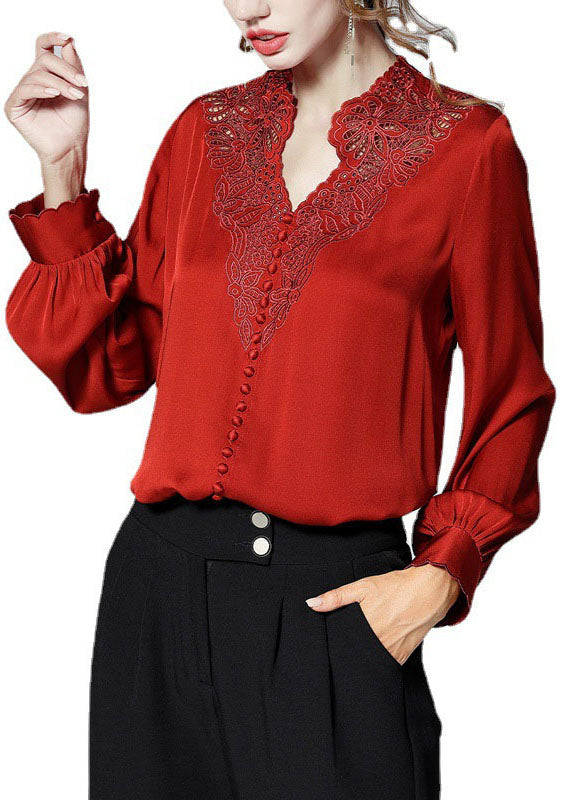 Elegant Red V Neck button Embroideried Patchwork Silk Shirt Top Spring