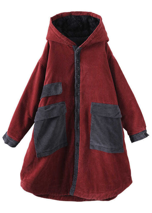 Bouton à capuche rouge élégant manteau d'hiver à manches longues