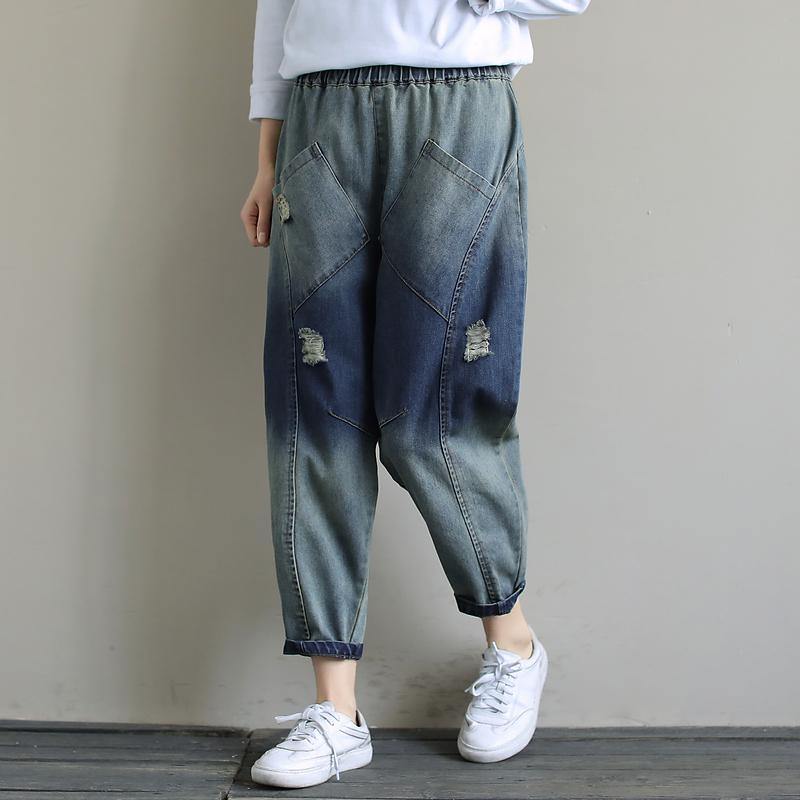 Elegant Spring Casual Pants Stylish Denim Dark Blue Shape Elastic Waist Hole Wild Pants - SooLinen