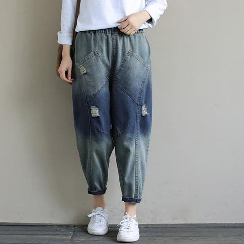 Elegant Spring Casual Pants Stylish Denim Dark Blue Shape Elastic Waist Hole Wild Pants - SooLinen