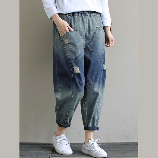 Elegant Spring Casual Pants Stylish Denim Dark Blue Shape Elastic Waist Hole Wild Pants - SooLinen