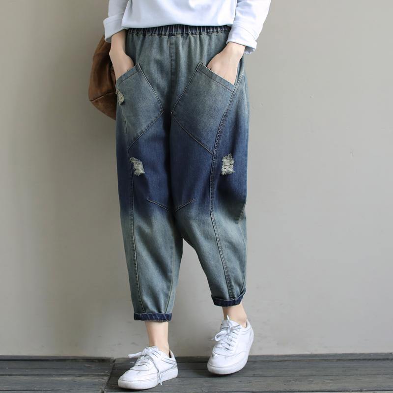 Elegant Spring Casual Pants Stylish Denim Dark Blue Shape Elastic Waist Hole Wild Pants - SooLinen