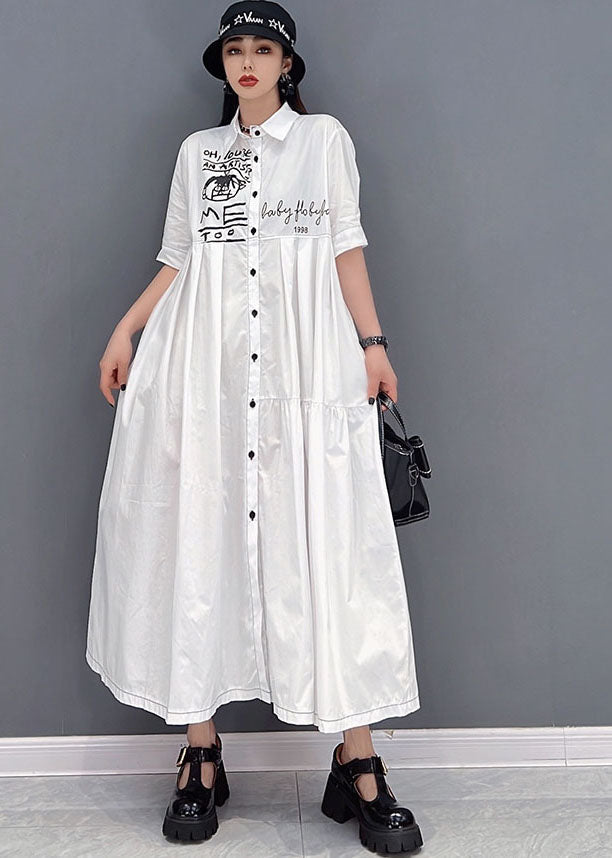 Elegant White Peter Pan Collar Print Wrinkled Cotton Party Shirt Dress Short Sleeve