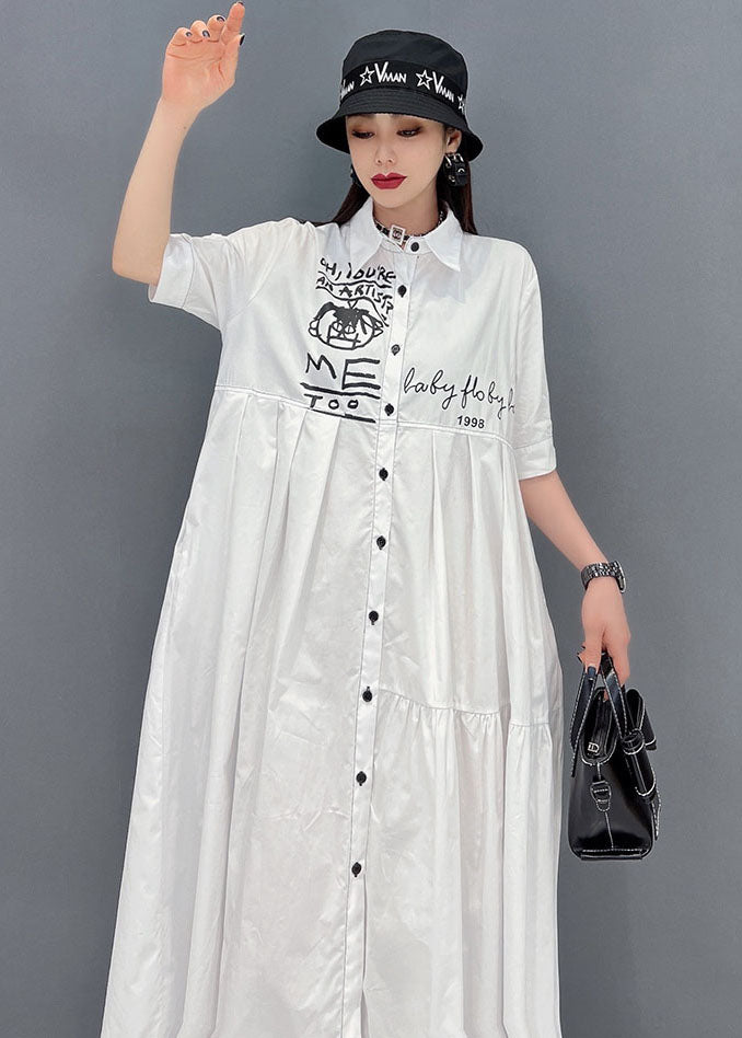 Elegant White Peter Pan Collar Print Wrinkled Cotton Party Shirt Dress Short Sleeve