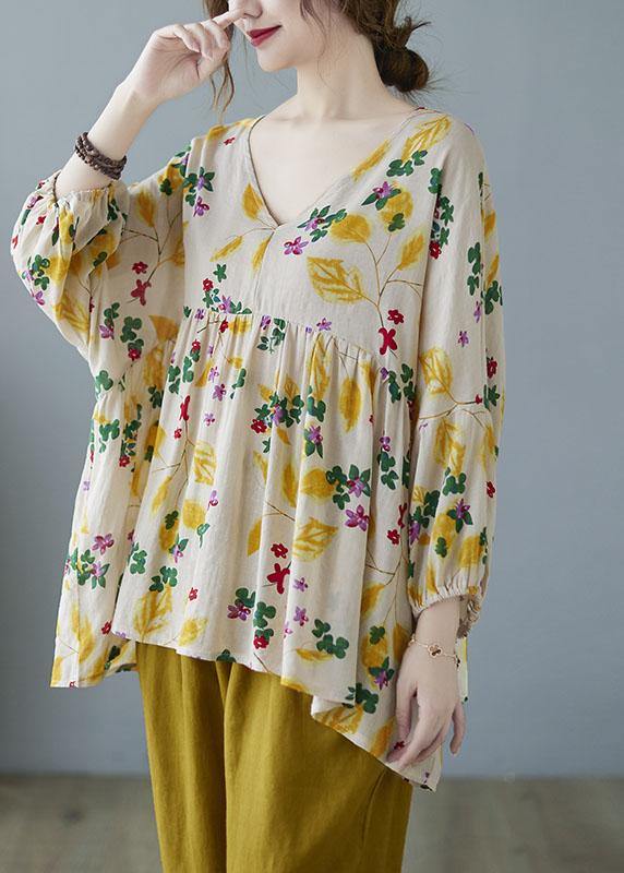 Elegant Yellow Ruffles Print Batwing Sleeve Cotton Linen Top - SooLinen