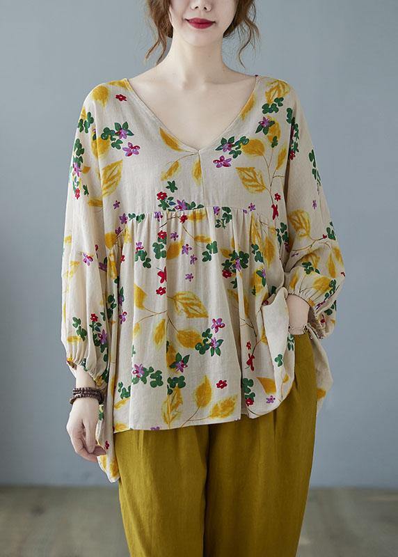 Elegant Yellow Ruffles Print Batwing Sleeve Cotton Linen Top - SooLinen