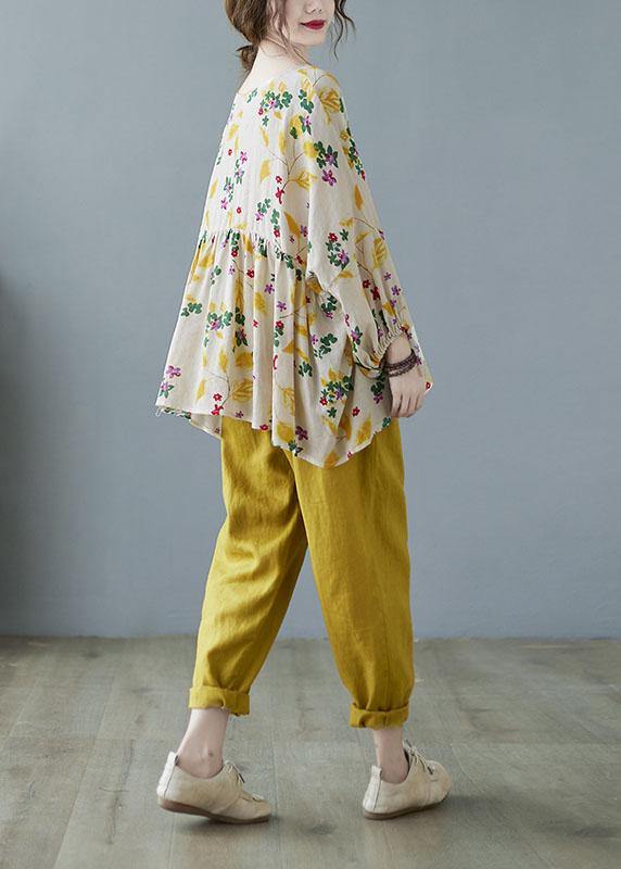 Elegant Yellow Ruffles Print Batwing Sleeve Cotton Linen Top - SooLinen