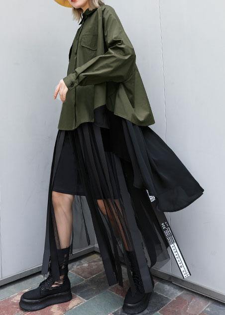 Elegant asymmetric lapel cotton Blouse Inspiration army green blouses - SooLinen