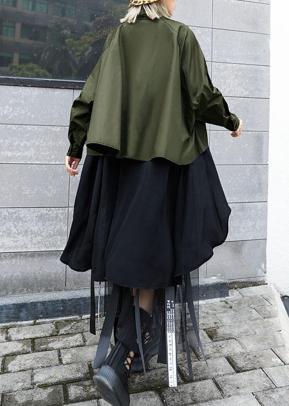 Elegant asymmetric lapel cotton Blouse Inspiration army green blouses - SooLinen