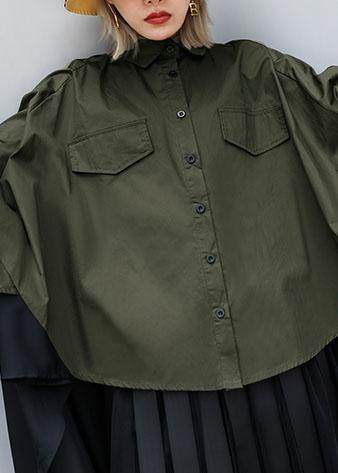 Elegant asymmetric lapel cotton Blouse Inspiration army green blouses - SooLinen