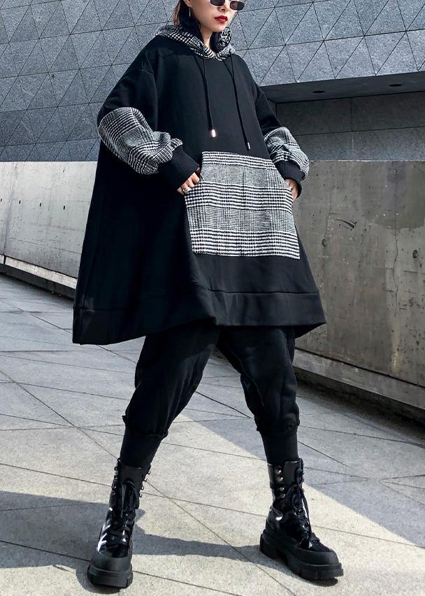 Elegant black patchwork cotton Tunic thick Dresses hooded top - SooLinen